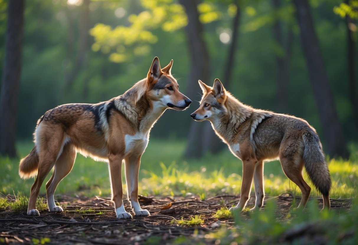 A dog and a coyote facing each other in a forest clearing, both looking alert and focused.