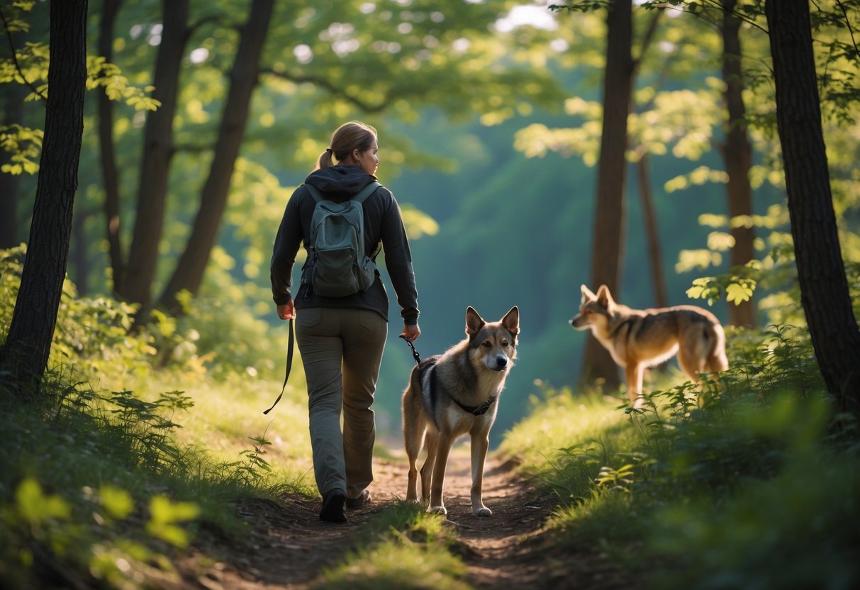 A person walking a dog on a forest trail looks back at a coyote watching them from the trees.