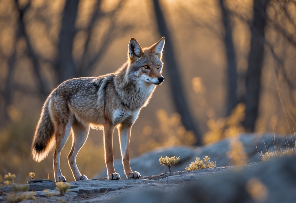 A wild coyote standing on rocky ground in a forested area, looking alert and cautious.