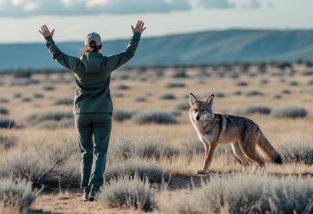 A person outdoors raising their arms to scare away a coyote retreating in a grassy natural area.
