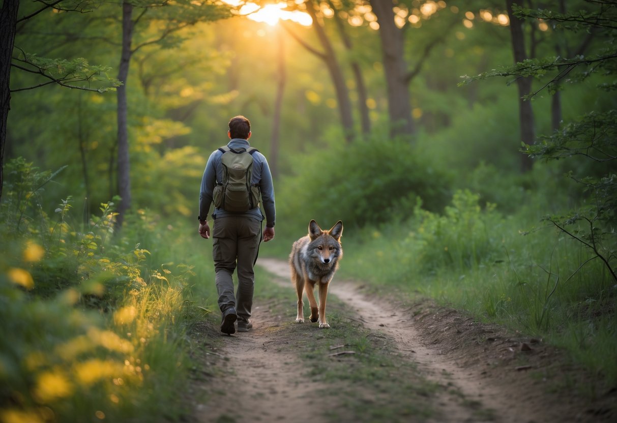 A person walking on a forest trail with a coyote following closely behind among green trees.