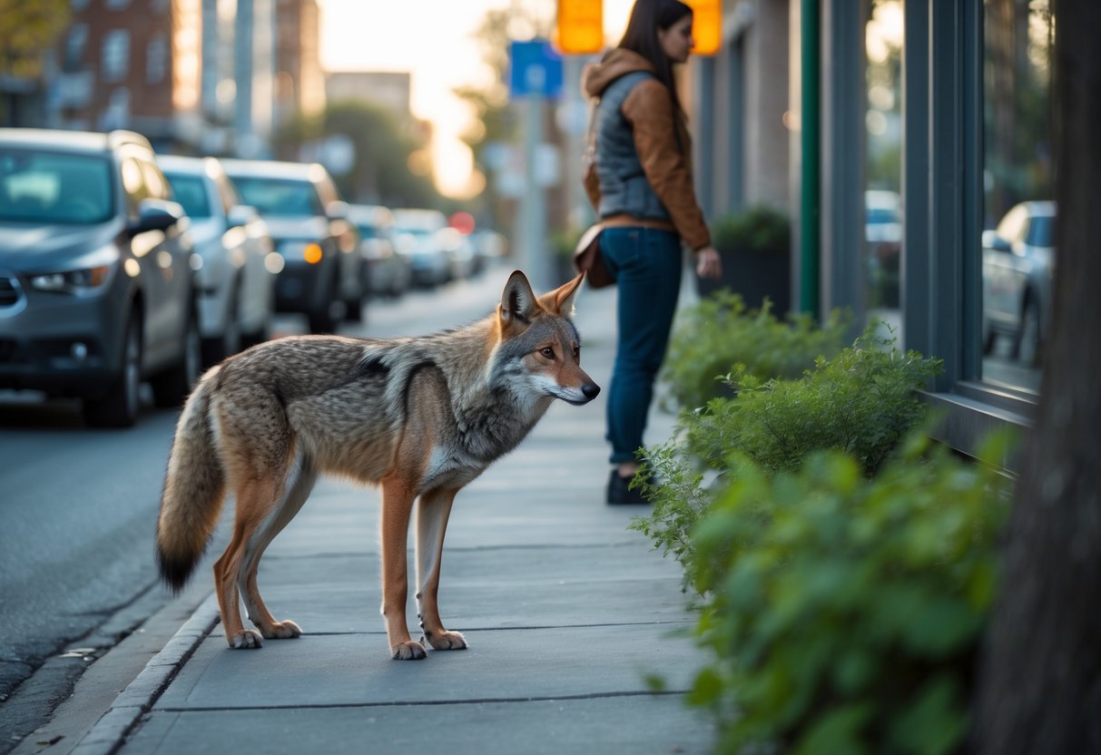 A person on a city sidewalk looks back at a nearby urban coyote standing alert on the pavement.