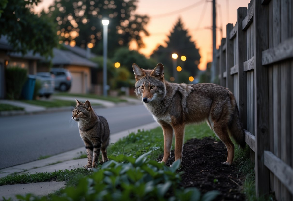 A coyote and a cat face each other near a garden fence in a suburban outdoor setting at dusk.