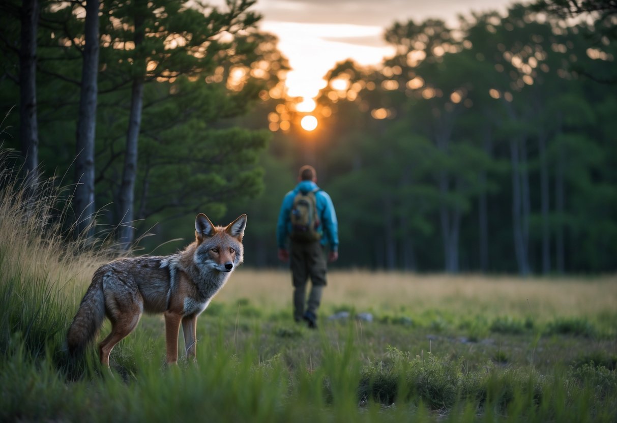 A cautious coyote partially hidden in tall grass in a forest clearing, watching a large human figure approaching at dusk.