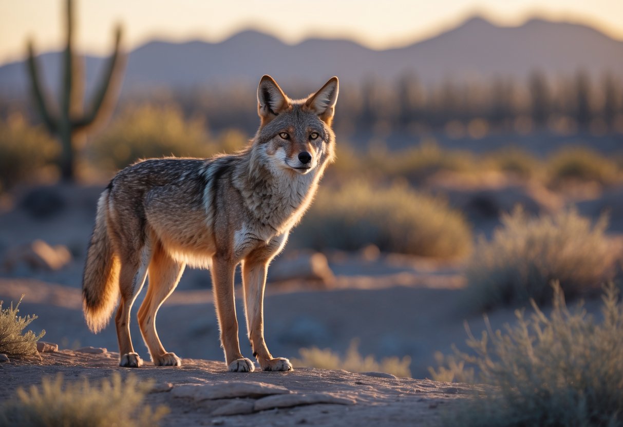 A coyote standing on rocky ground with desert plants, looking alert, with faint human structures visible in the distance.