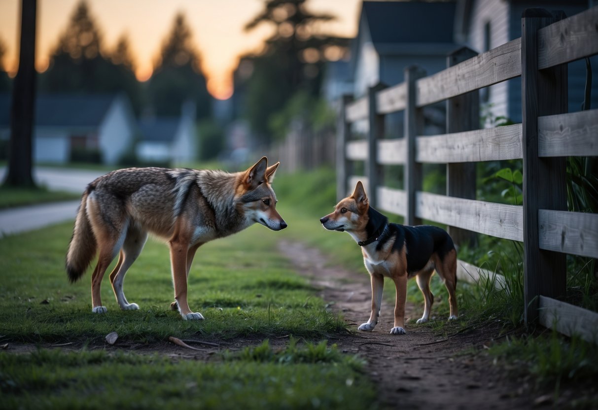 A coyote cautiously approaches a small dog in a grassy suburban area near a wooden fence at dusk.