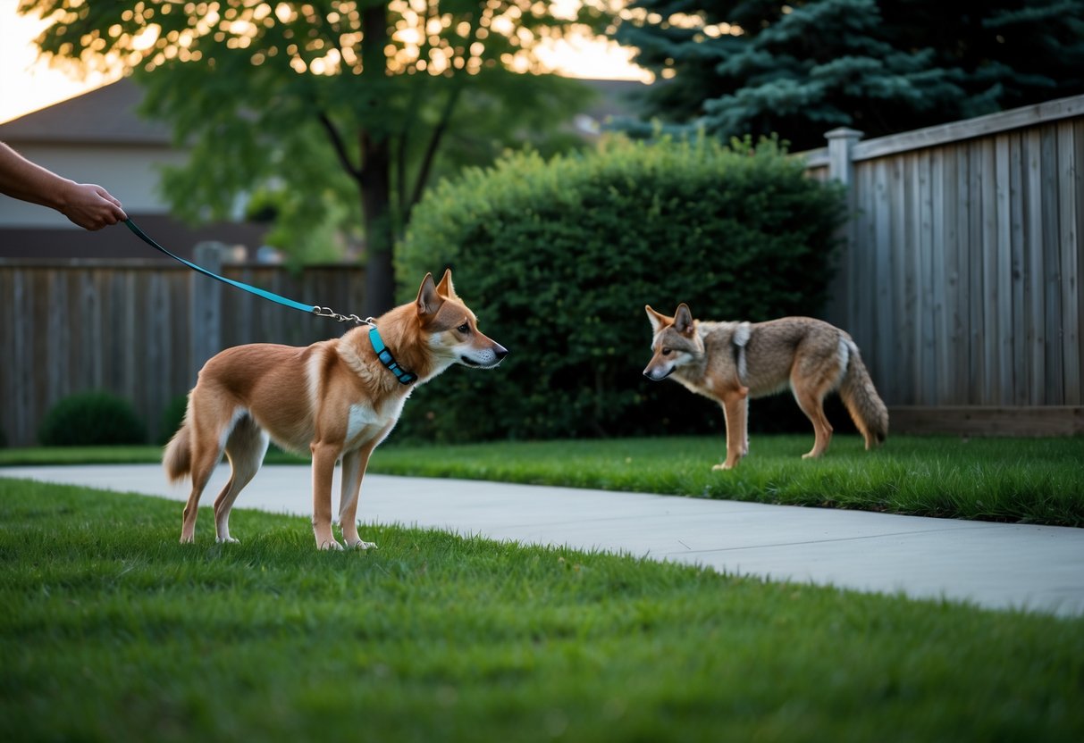 A dog on a leash in a backyard looking toward a coyote hiding near bushes by a fence.