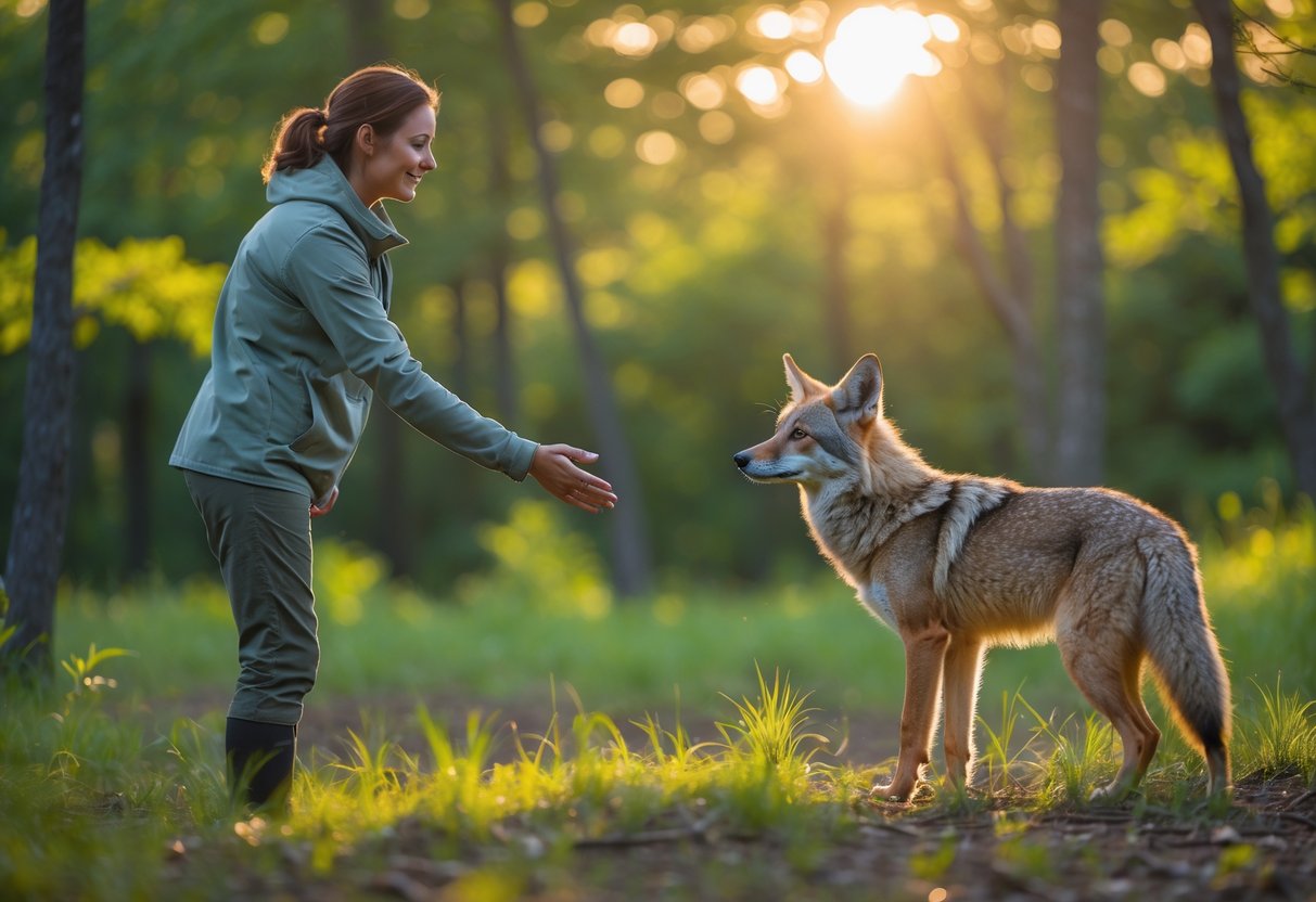 A person gently reaching out their hand toward a calm coyote standing in a sunlit forest clearing.