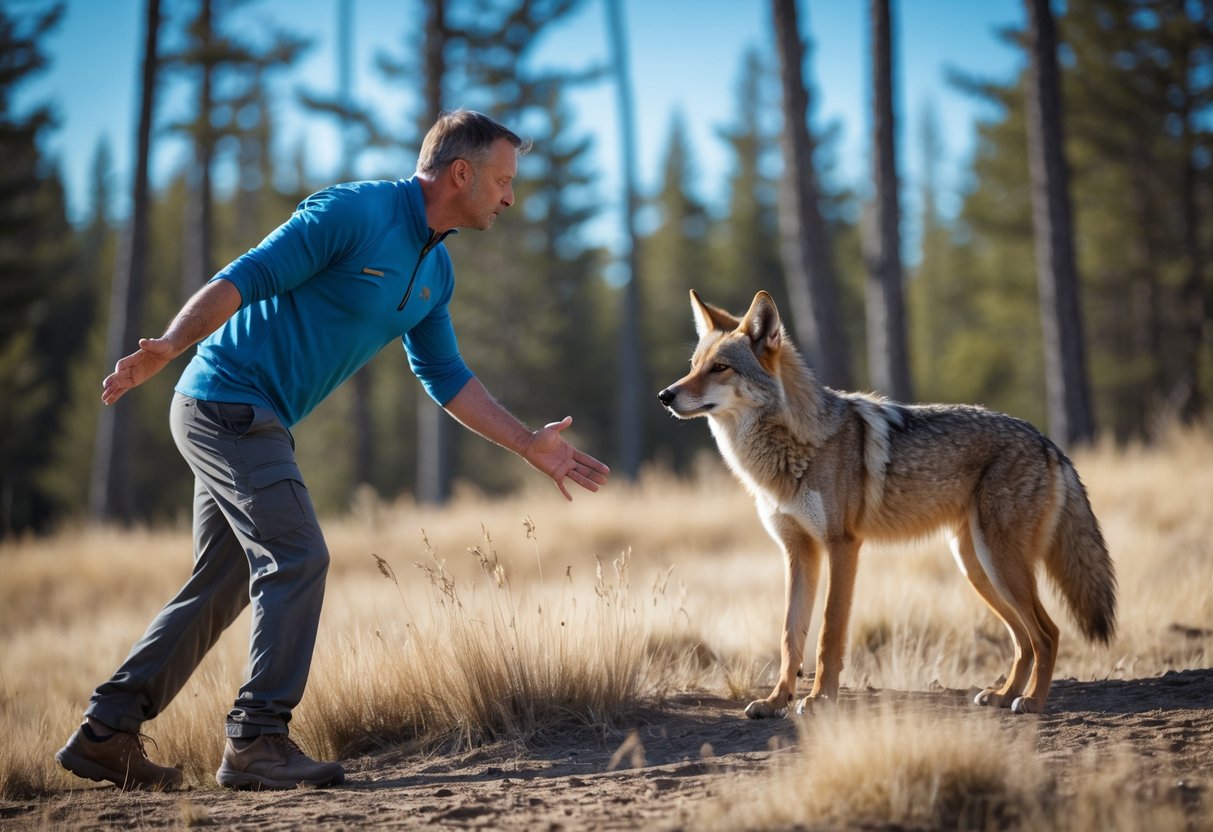 A man in outdoor clothes stands defensively facing a wild coyote in a forest clearing.