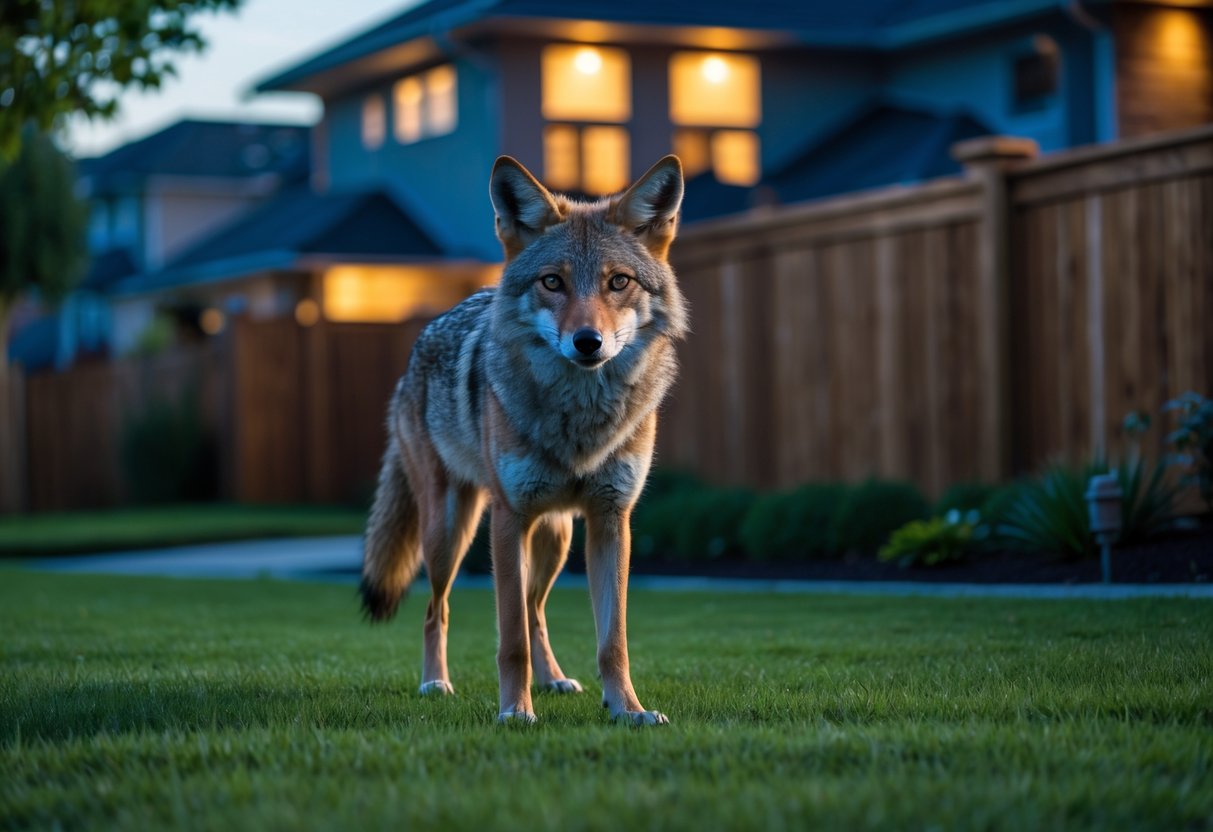 A wild coyote standing alert in a suburban backyard near a house during early evening.