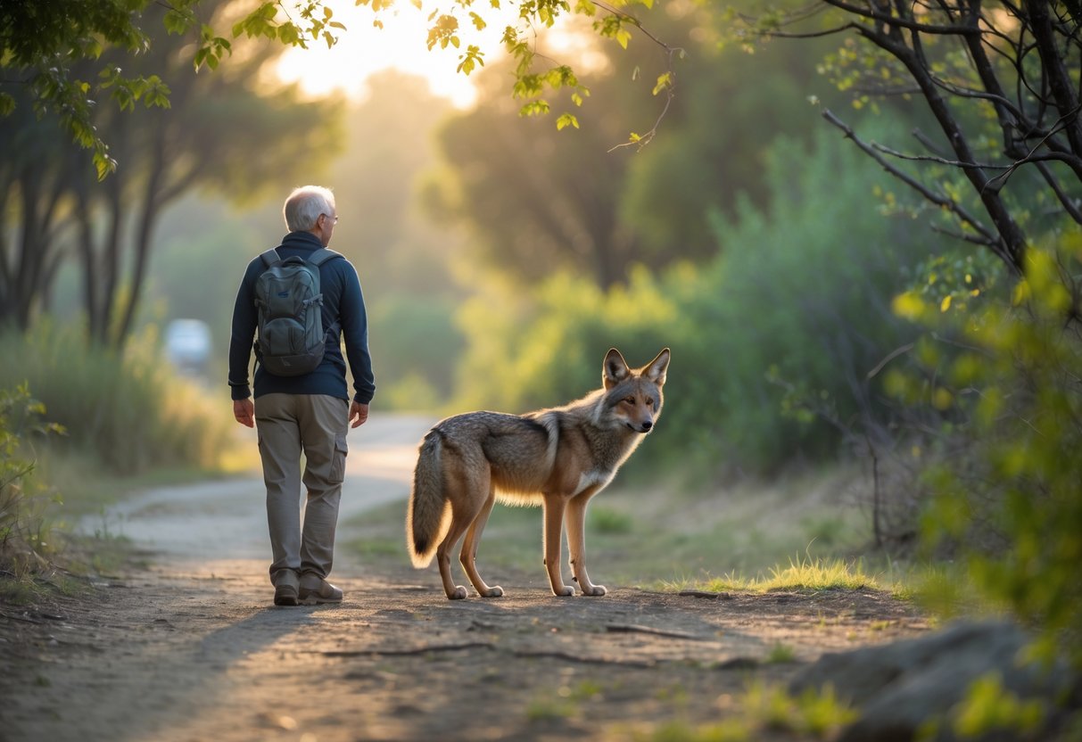 A person walking outdoors looks cautiously at a calm coyote standing nearby on a path surrounded by trees and grass.