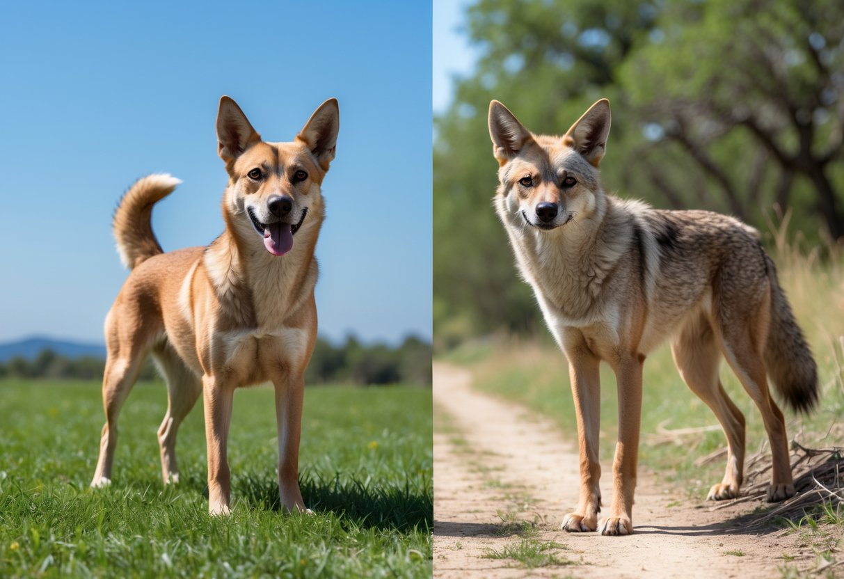 A domestic dog and a coyote standing side by side outdoors in a natural setting.