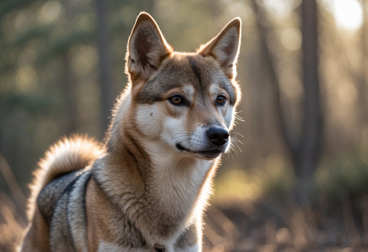 A dog resembling a coyote standing alert in a forested outdoor area.