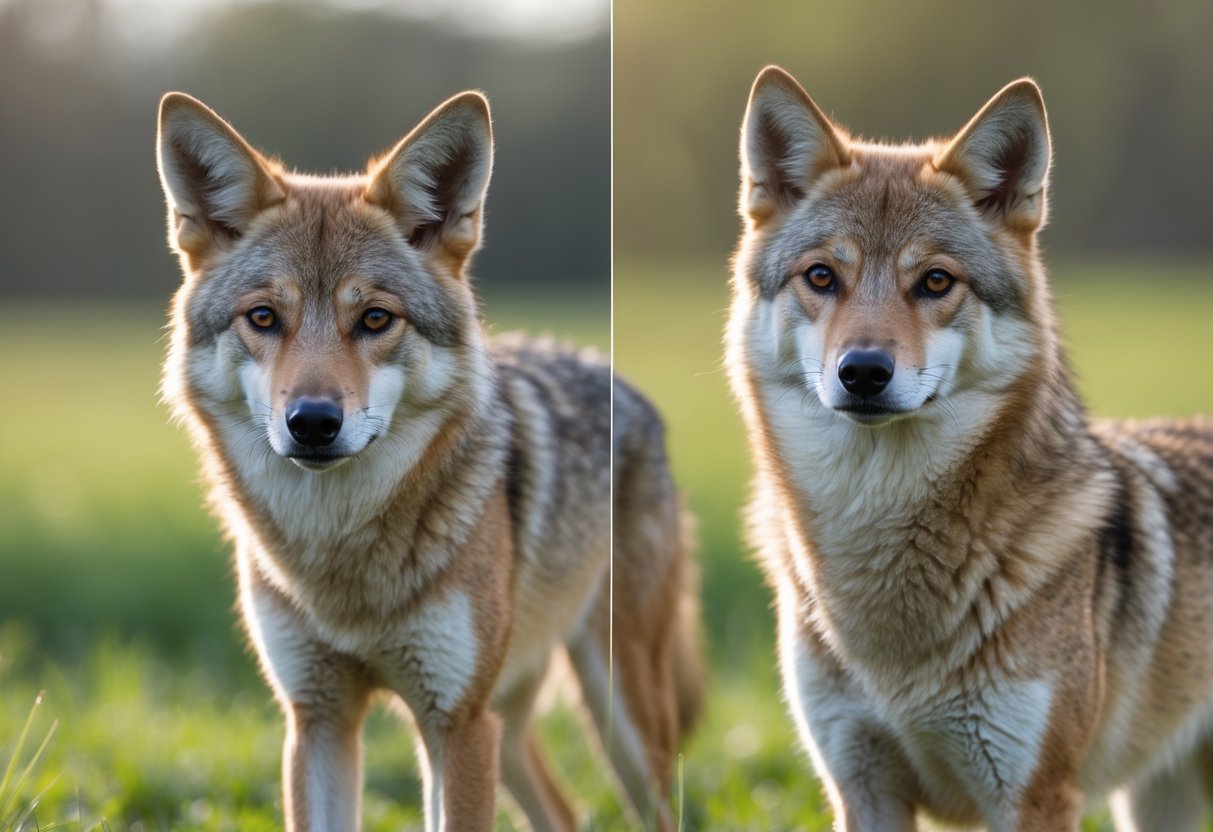 A coyote and a similar-looking dog standing side by side outdoors on grass.