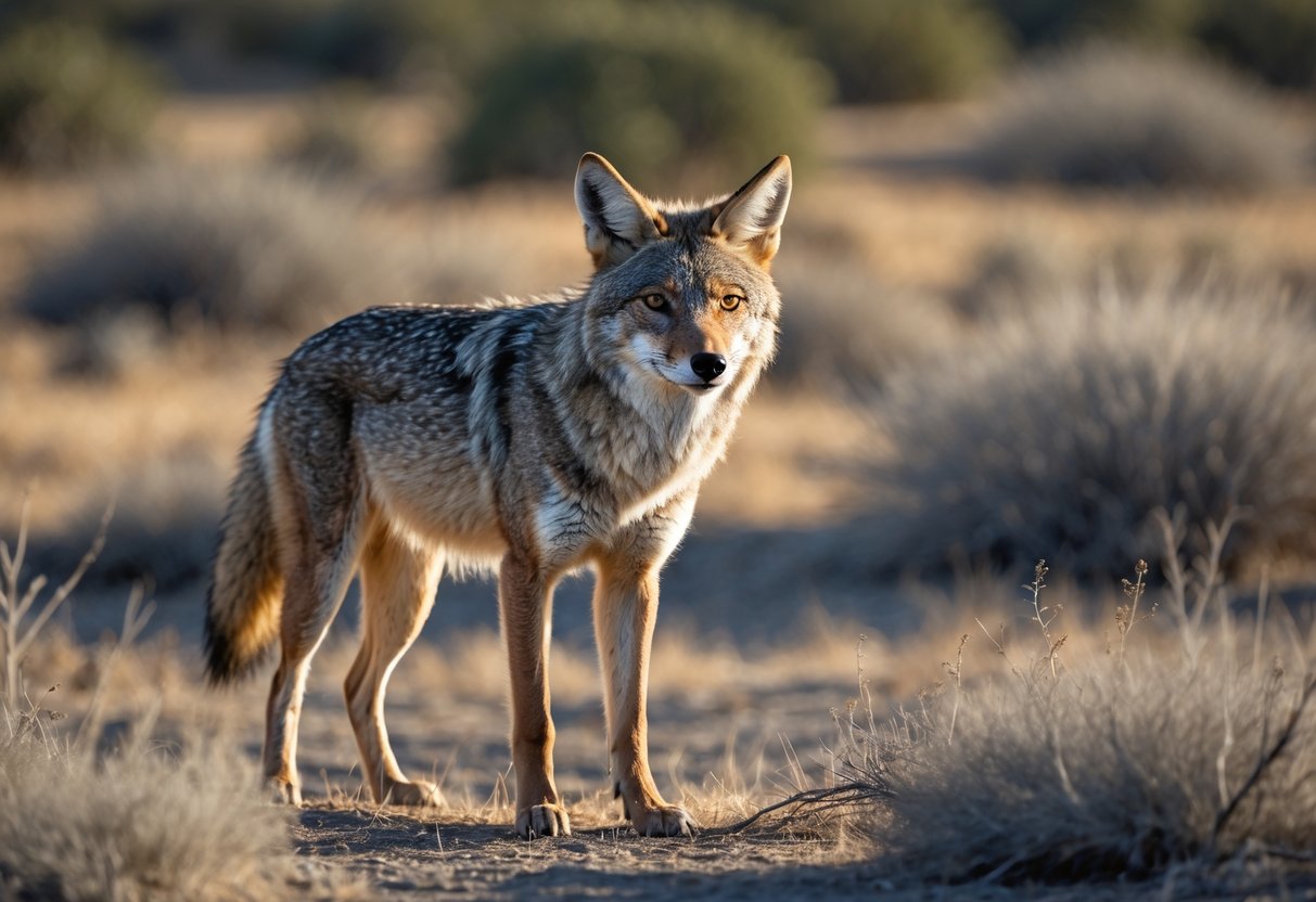 A wild coyote standing alert in dry grass and shrubs during the day.