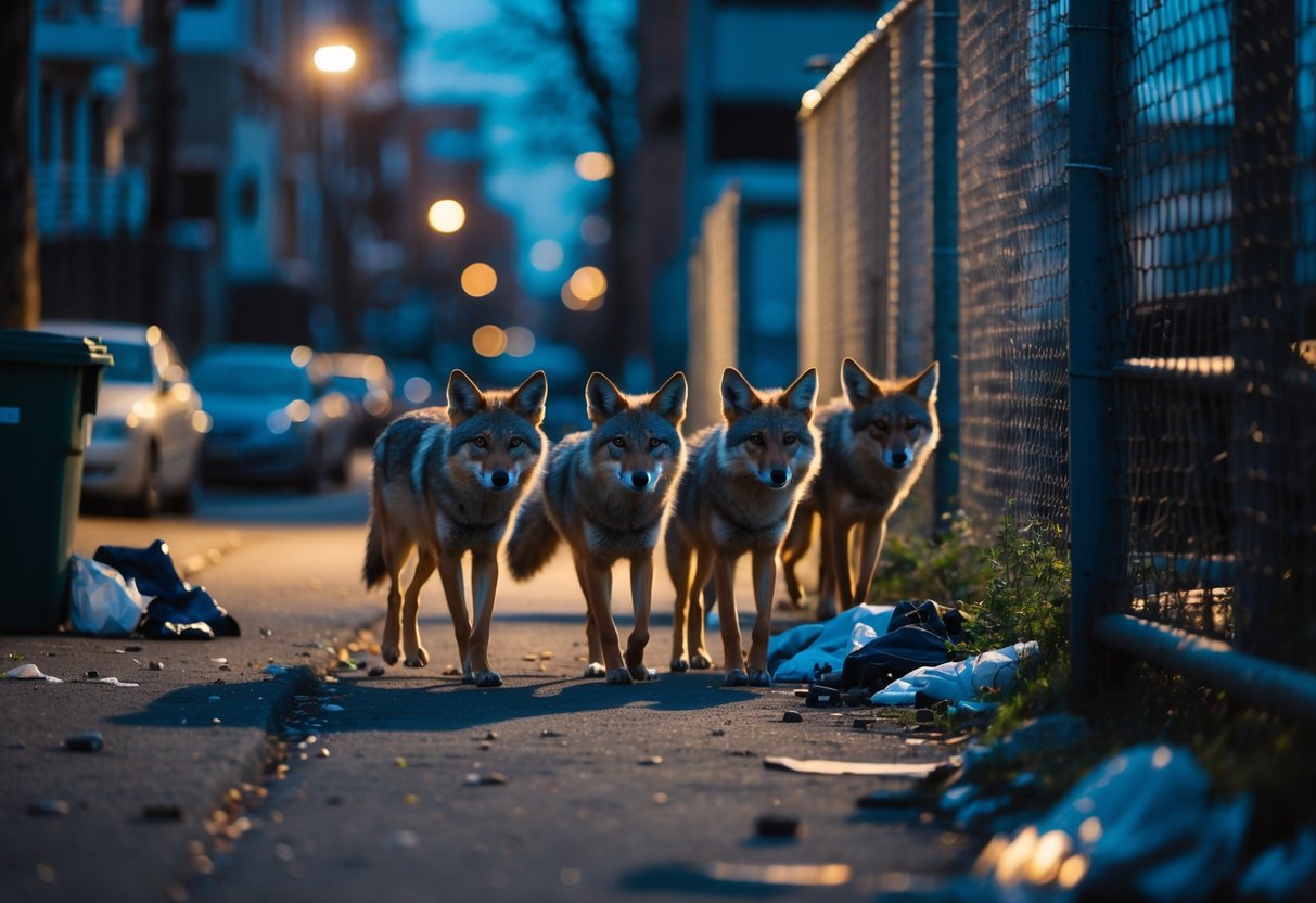 Coyotes walking cautiously through a dimly lit urban alleyway with buildings and trash bins nearby.