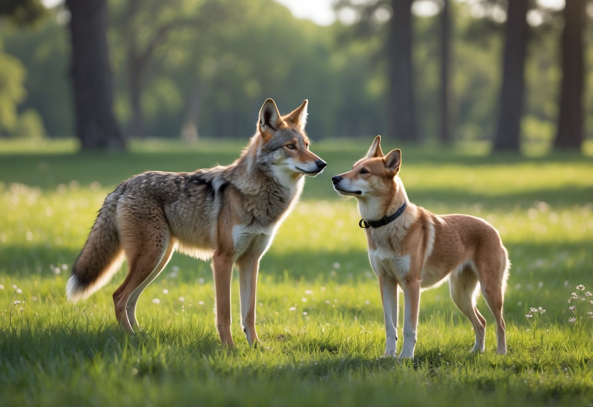 A coyote and a dog calmly standing close together in a grassy field surrounded by trees.