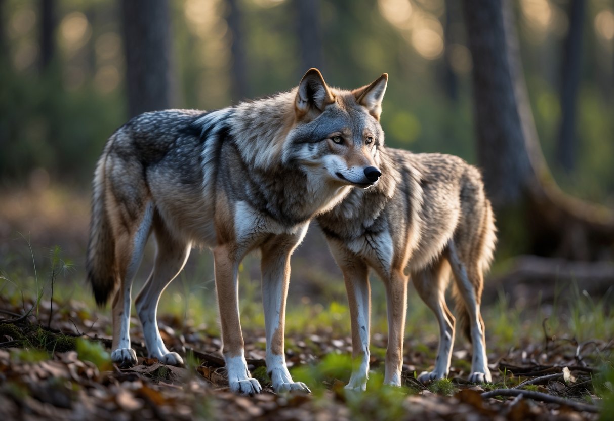 A wolf and a coyote standing close together in a forest with trees and grass around them.