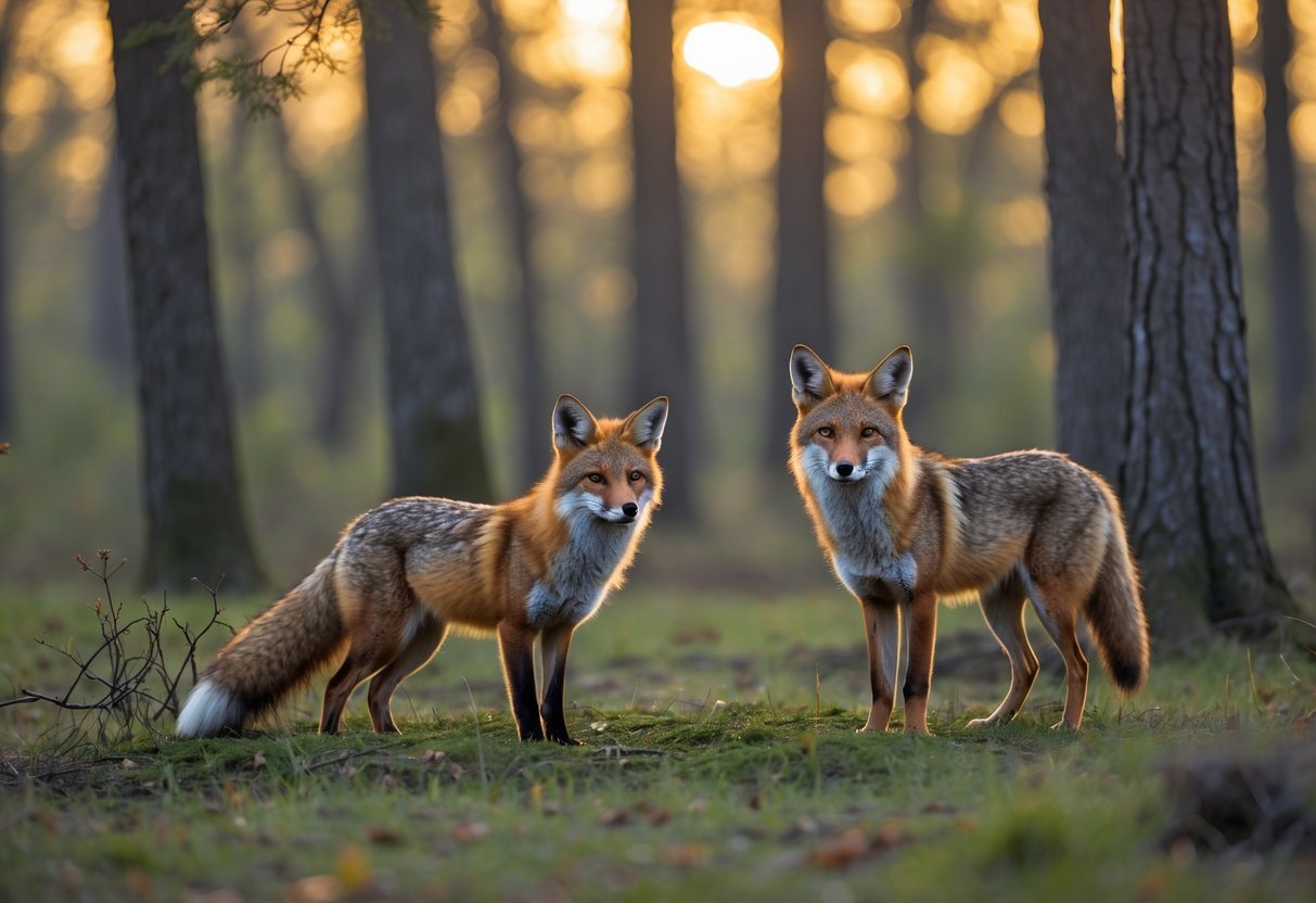 A red fox and a coyote standing close together in a forest clearing with sunlight filtering through the trees.