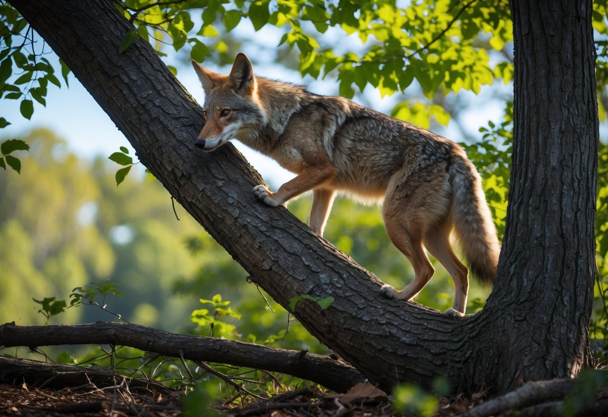 A coyote climbing or resting on a tree trunk in a forest with green leaves and sunlight.