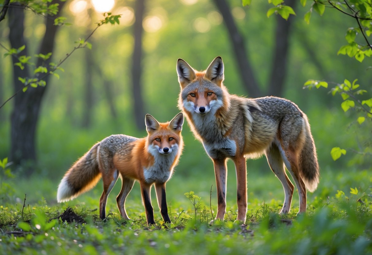 A red fox and a coyote standing side by side in a green forest clearing.