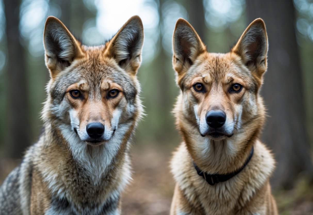 A close-up view of a coyote and a domestic dog standing side by side outdoors, showing their different physical features.