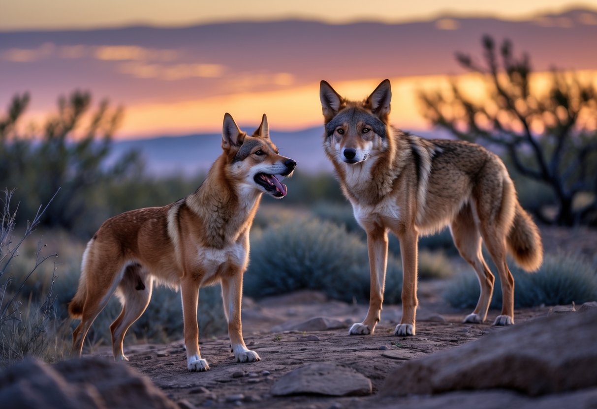 A barking dog stands alert on rocky ground while a cautious coyote watches from a distance in a natural outdoor setting at dusk.