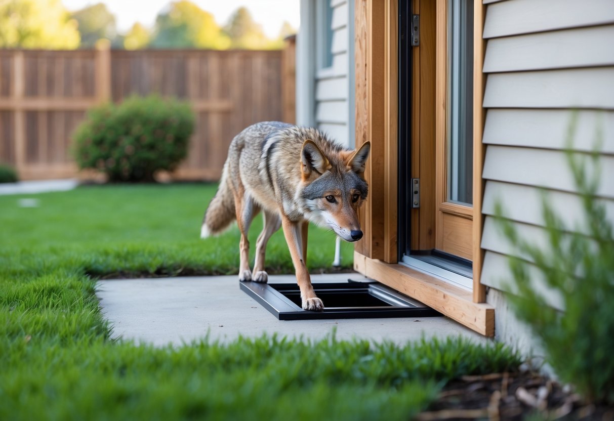 A coyote cautiously entering a dog door in a wooden back door of a suburban house with a green backyard.