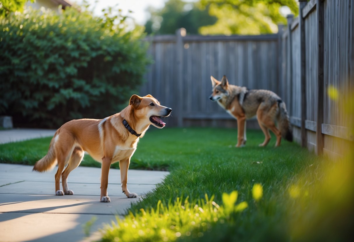 A dog barking near a wooden fence in a backyard while a coyote hesitates at the edge of the yard behind some bushes.