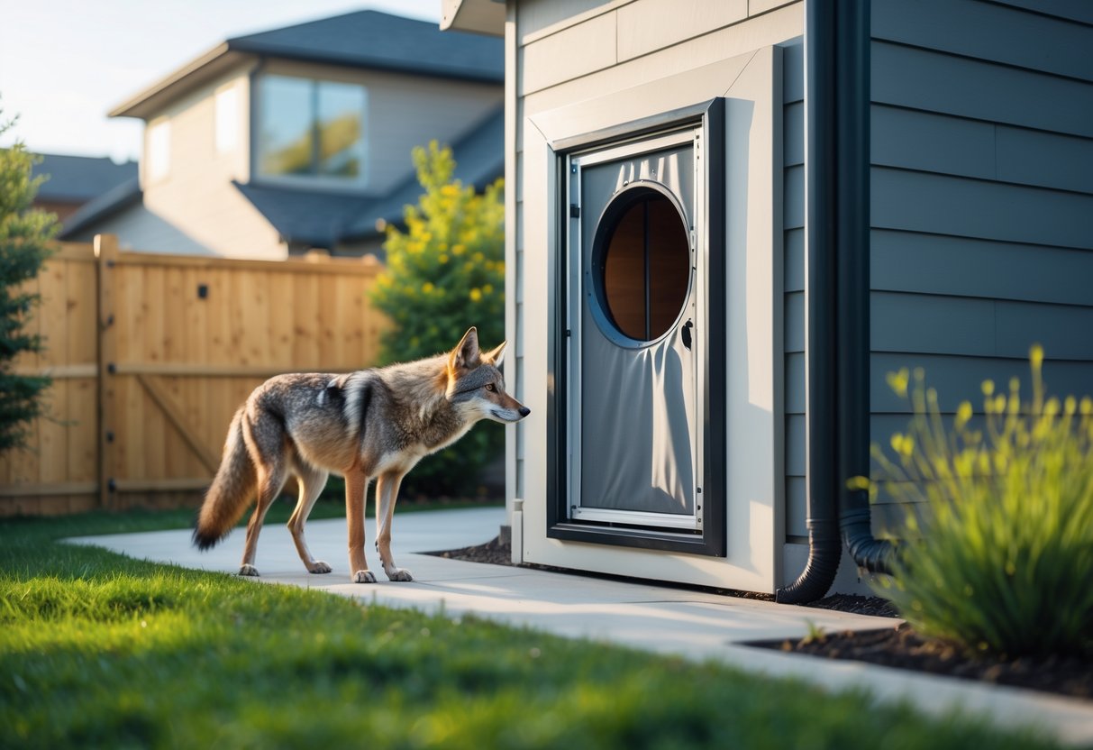 A suburban backyard with a pet door on a house and a coyote standing outside near a fence, unable to enter.