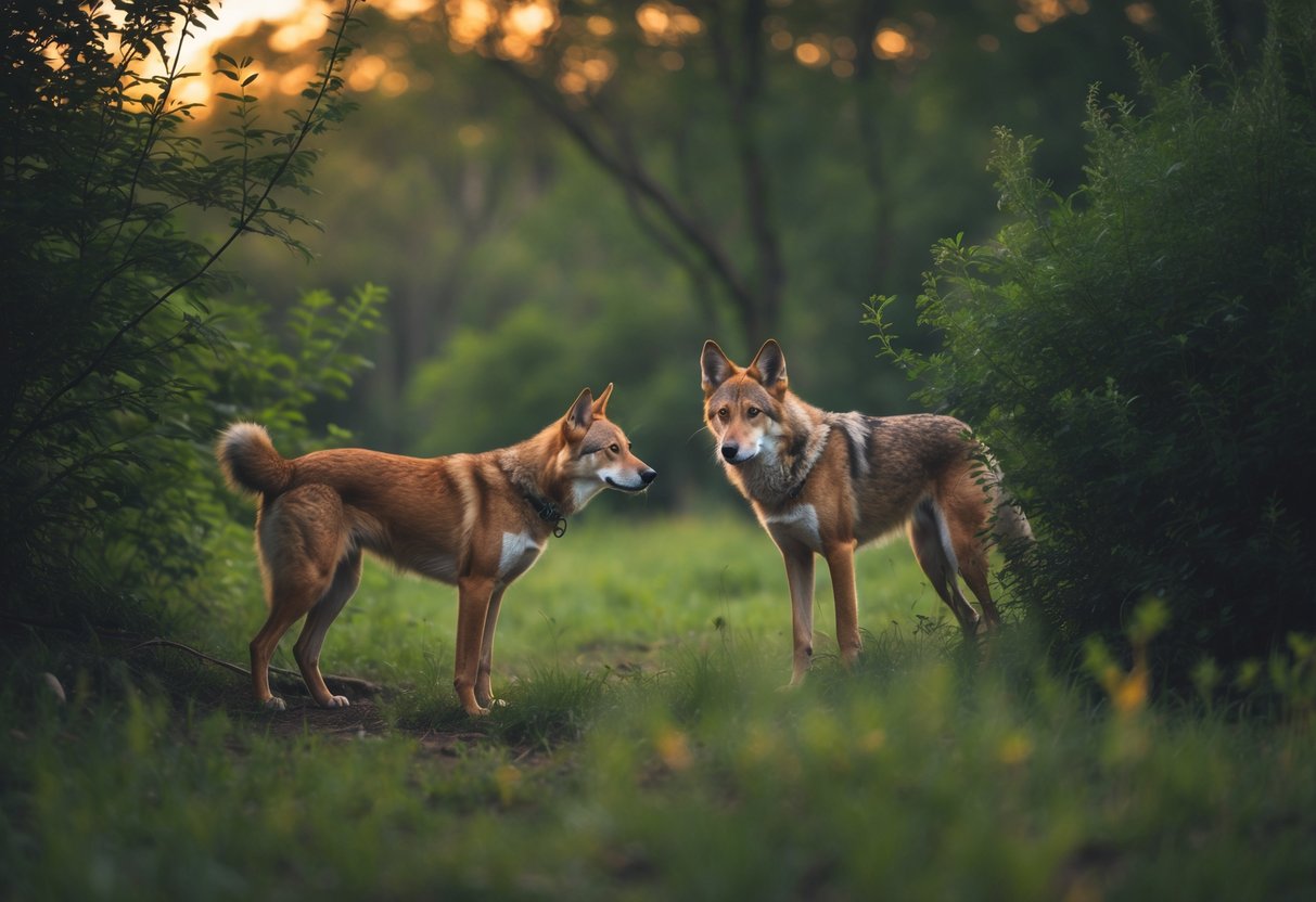 A dog sniffing the air in a forest clearing while a coyote watches from behind bushes nearby.