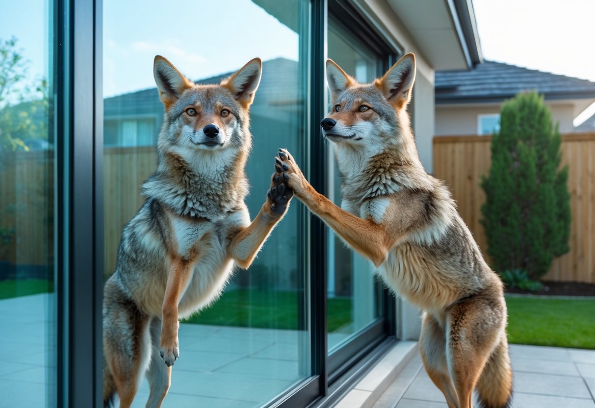 A coyote standing on its hind legs with its front paws against a glass window of a suburban house during the day.