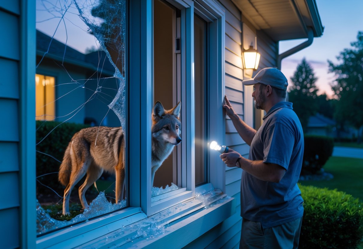A broken window on a house with a coyote visible outside in a backyard, and a person inspecting the damage.