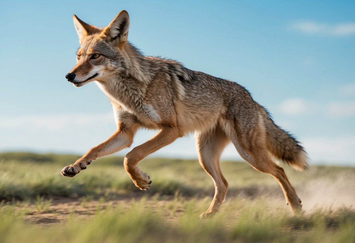 A coyote running swiftly across an open grassy landscape under a clear blue sky.