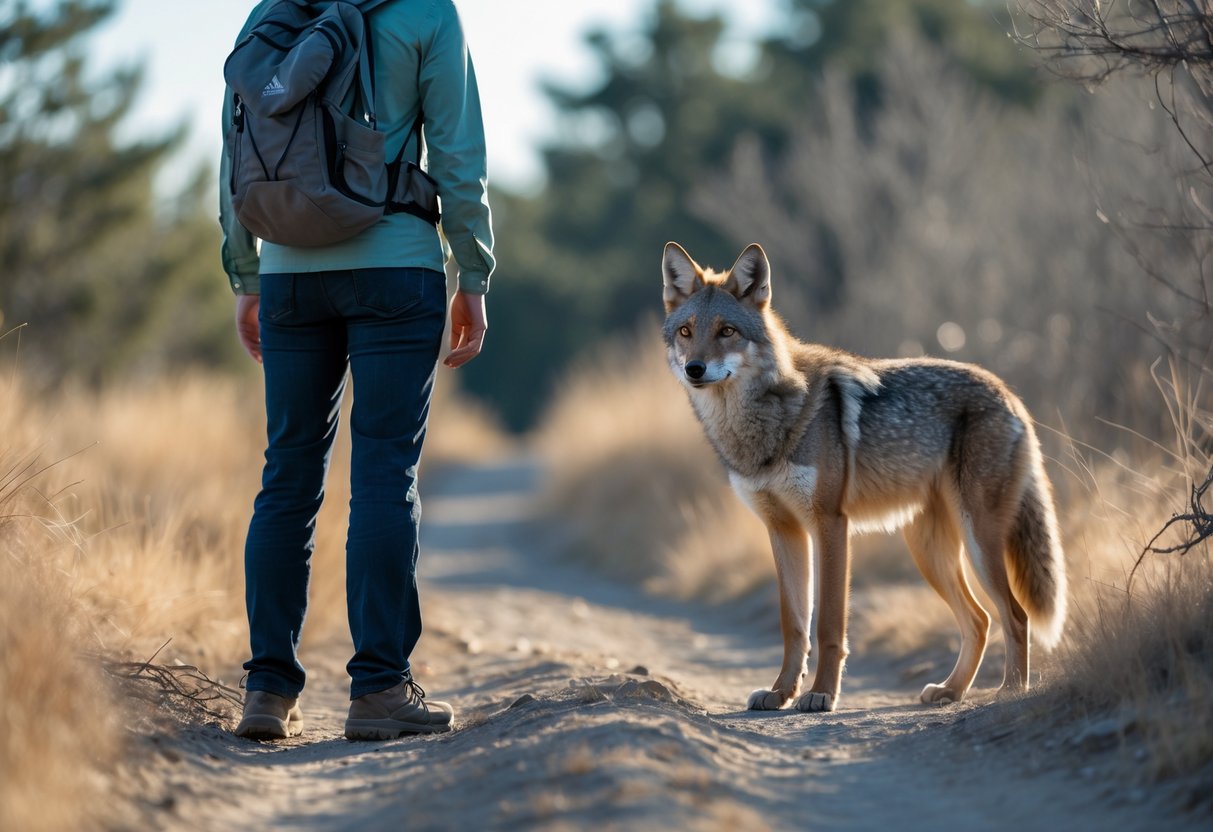 A person calmly facing a coyote on a dirt trail in a natural outdoor setting.