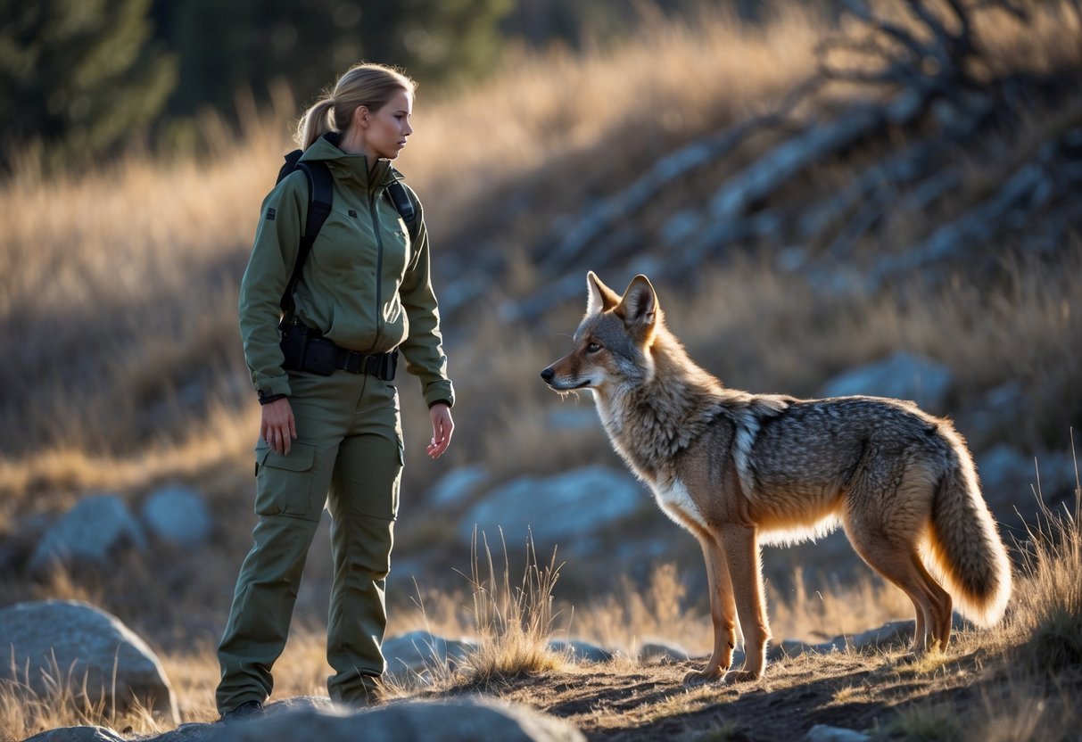 A person standing cautiously at a distance from a wild coyote in a forested outdoor area during the day.