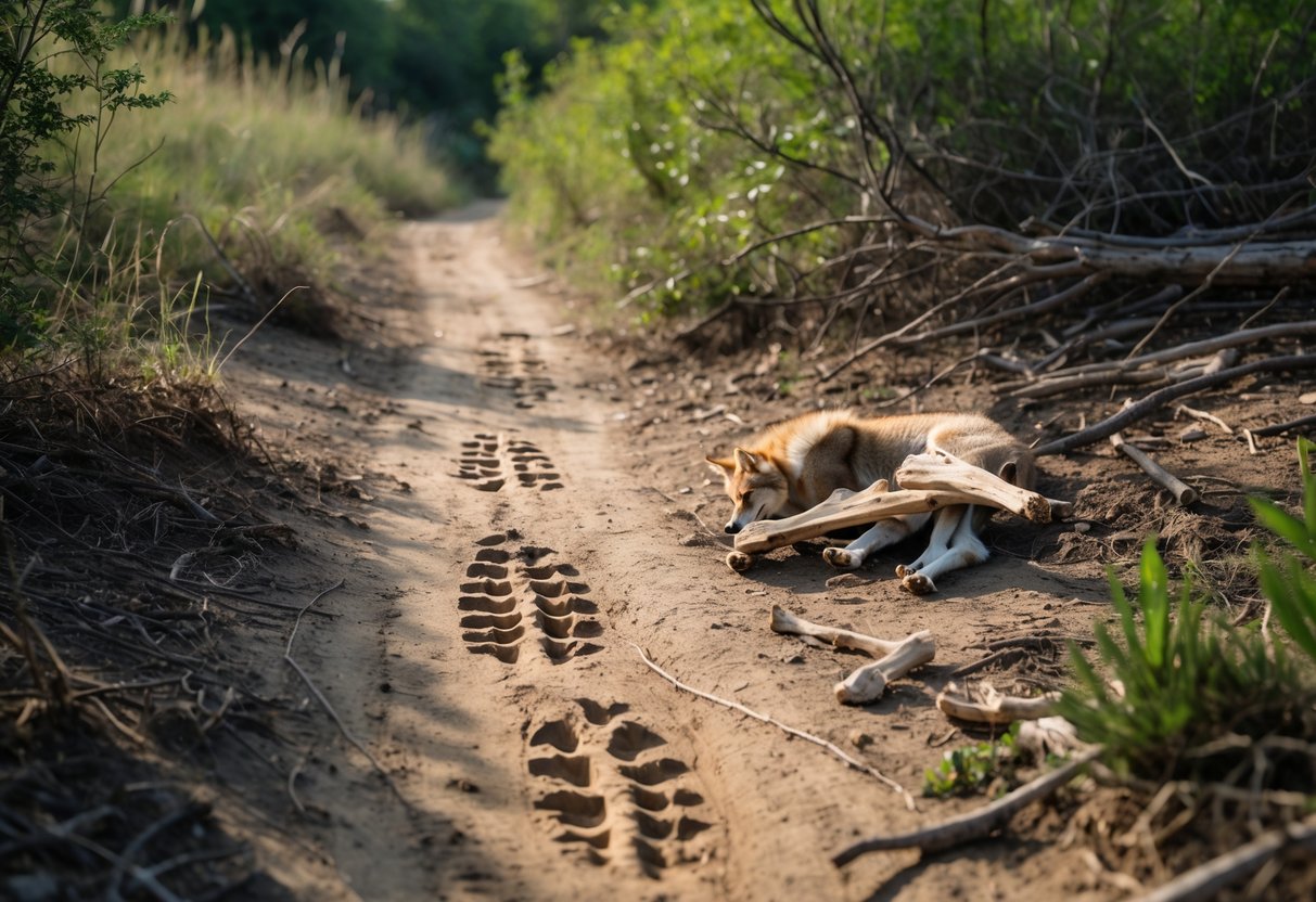 A forest trail with coyote tracks in the dirt, scattered bones and fur nearby, surrounded by bushes and tall grass.