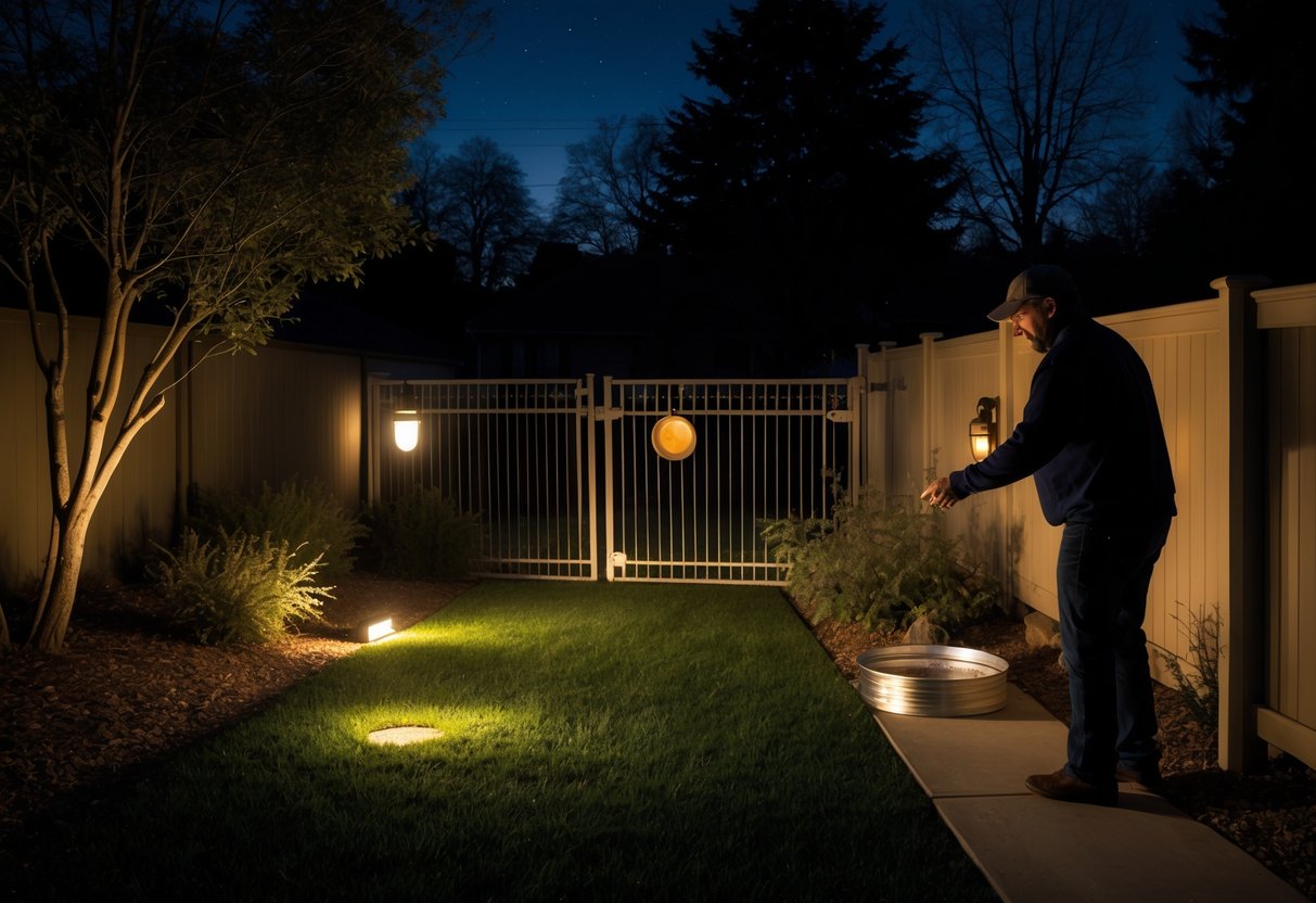 A nighttime suburban backyard with secure fencing, motion-activated lights, and natural deterrents to keep coyotes away.
