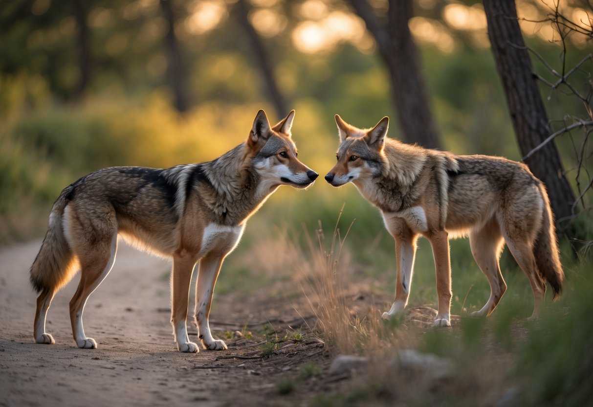 A dog and a coyote facing each other cautiously in a forest clearing during sunset.