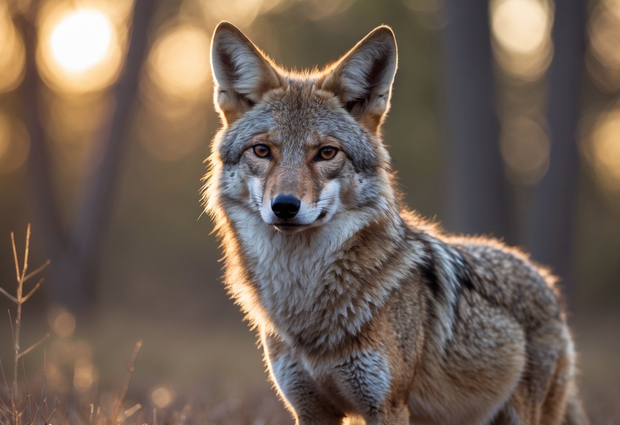 A calm coyote standing in a forest with warm sunlight filtering through the trees.