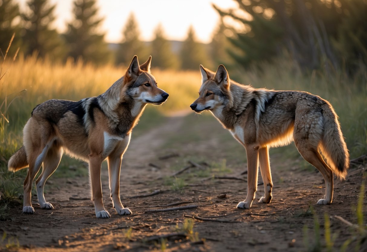 A domestic dog and a wild coyote face each other cautiously in a natural outdoor setting with grass and trees.