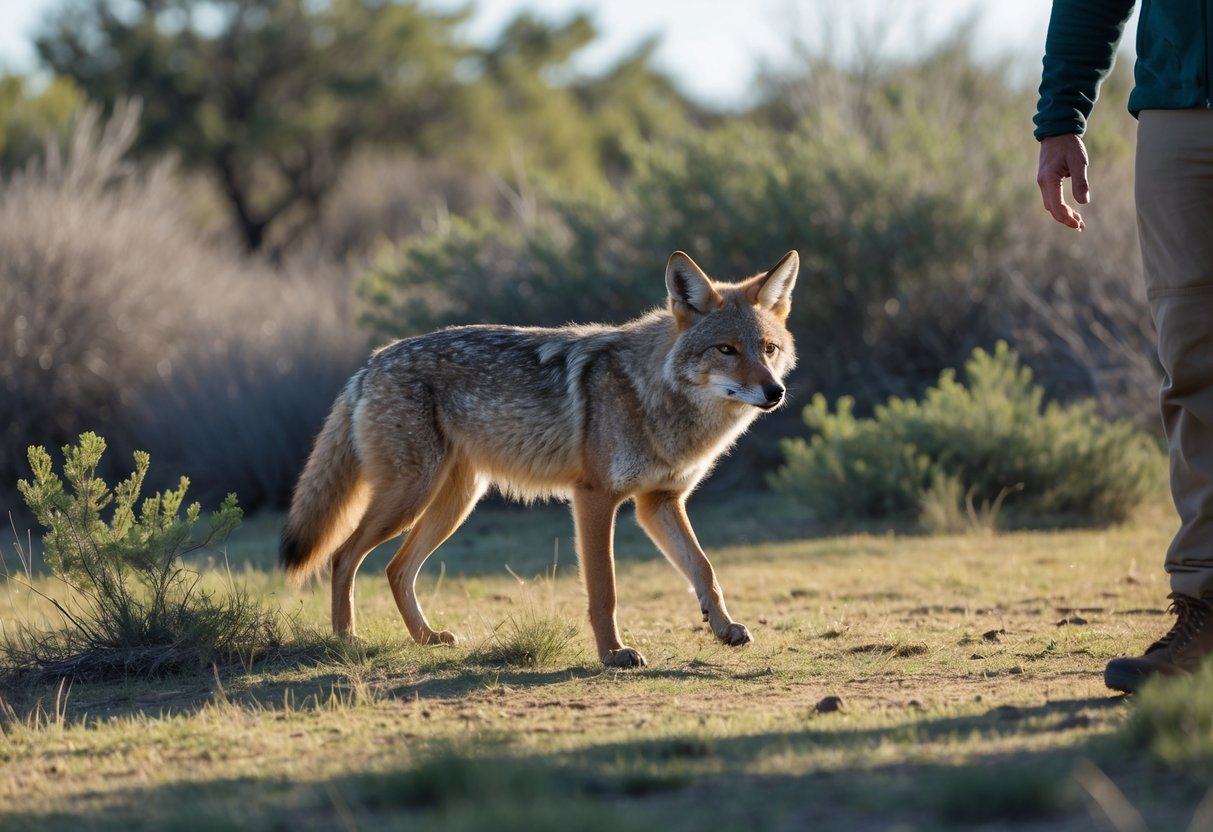 A coyote standing alert in a grassy area with a person nearby watching from a distance.
