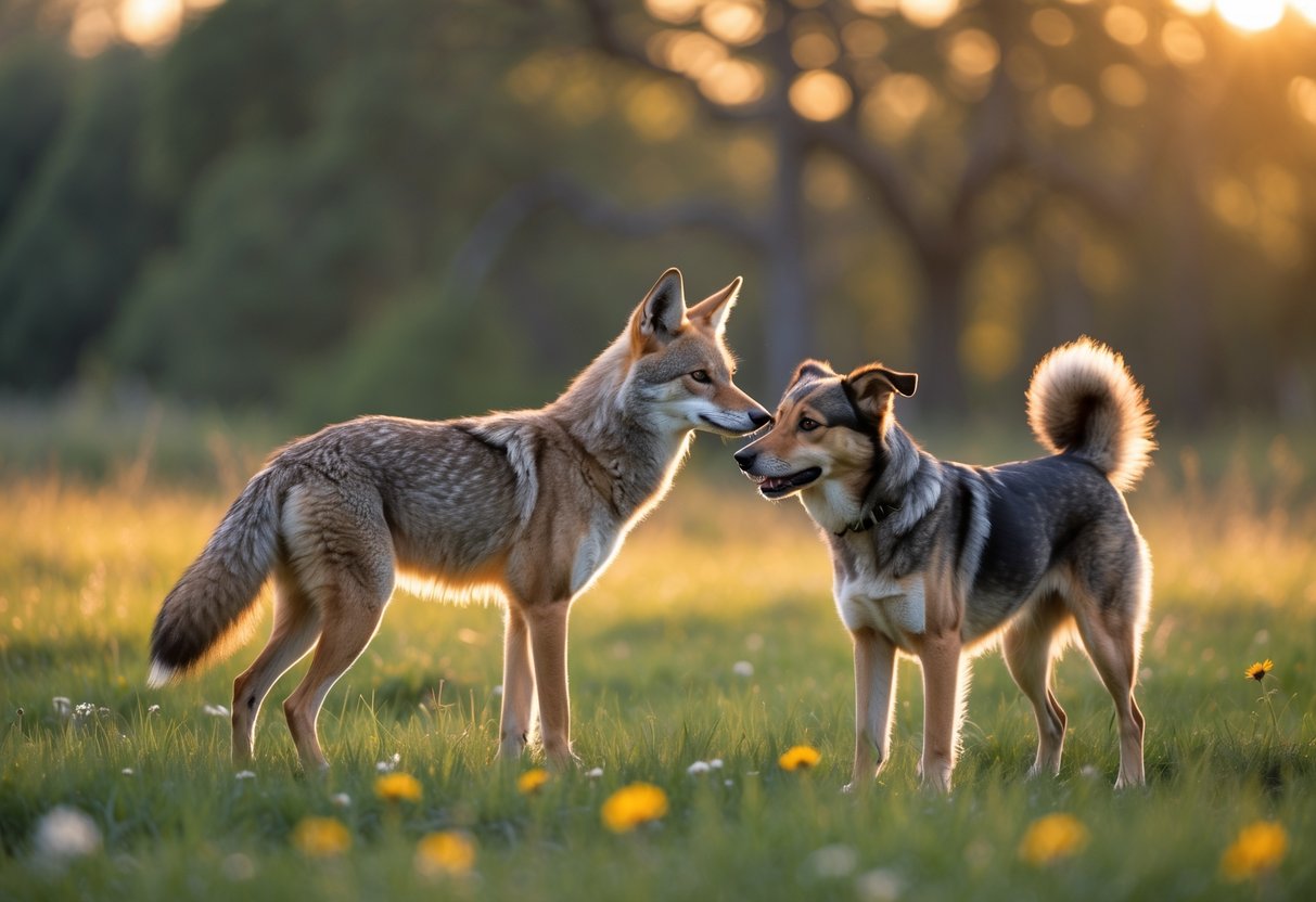 A coyote and a dog standing close together in a grassy field during sunset.