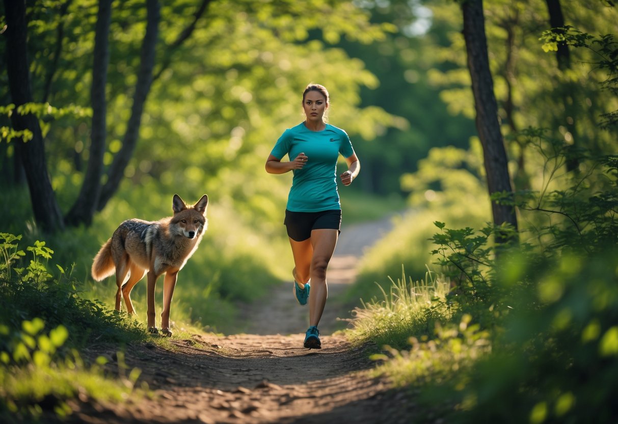 A person running on a forest trail with a coyote standing nearby in the background.