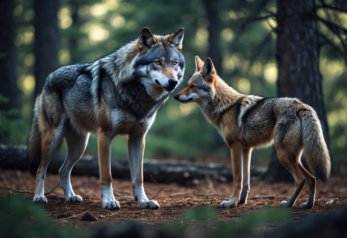A wolf and a coyote face each other in a forest clearing, surrounded by trees and natural foliage.