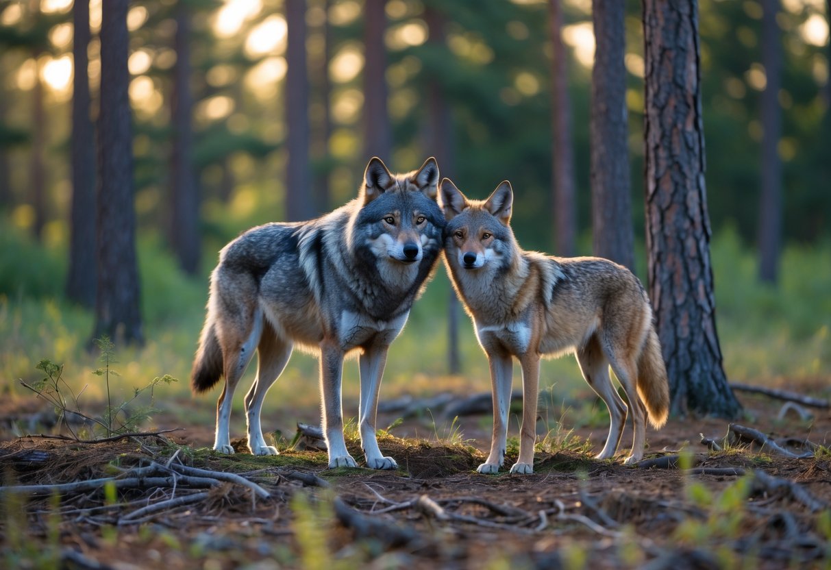 A gray wolf and a coyote standing close together in a forest clearing with sunlight filtering through pine trees.