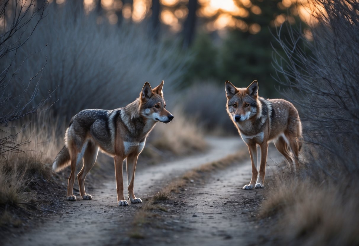 A dog standing alert on a dirt path with a coyote watching from behind bushes nearby.