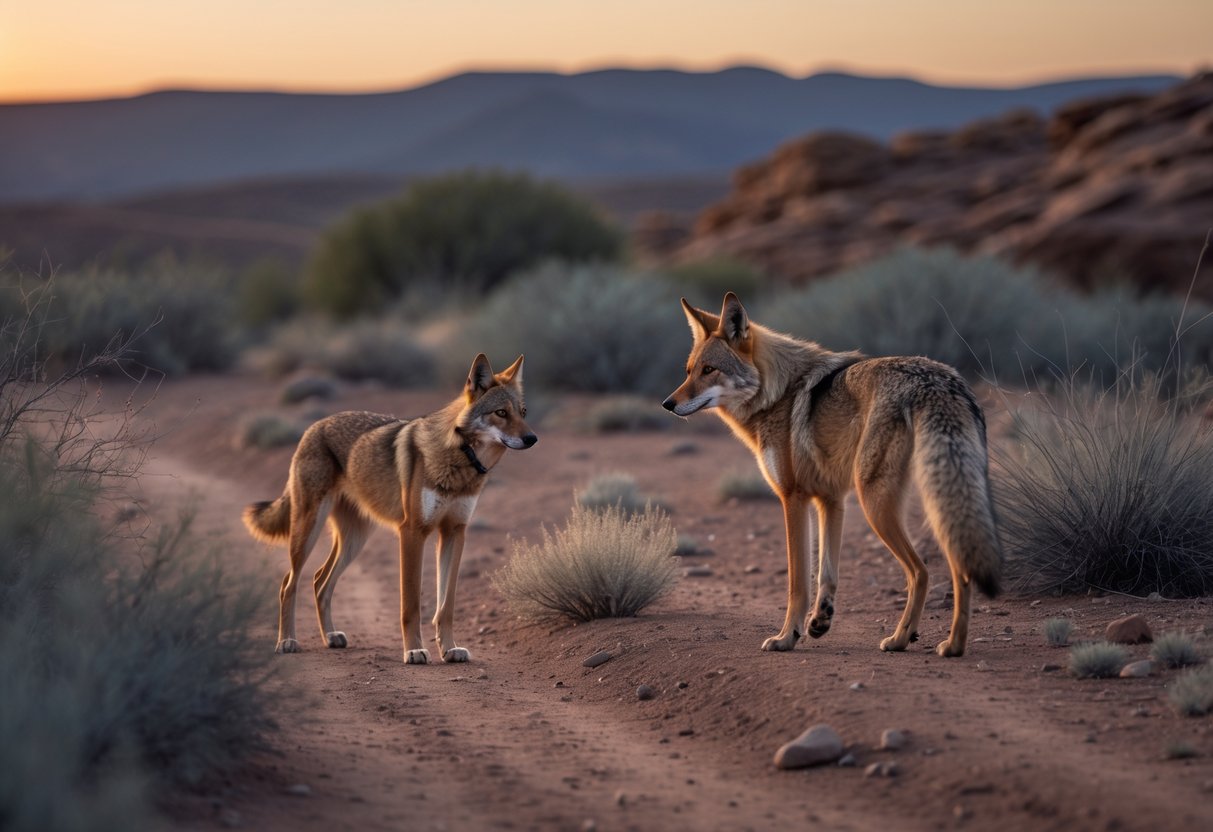 A coyote and a domestic dog standing a short distance apart in a natural outdoor setting with dry grass and rocky hills at sunset.