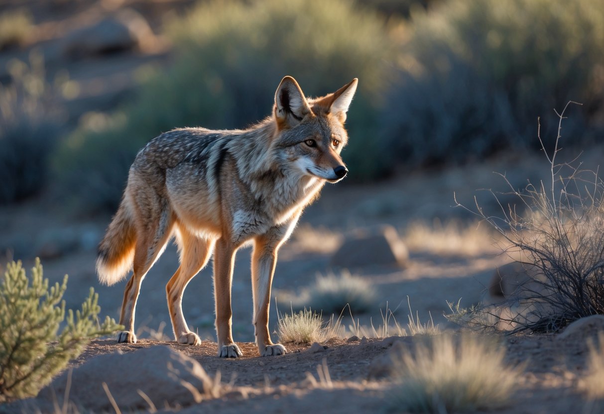 A wild coyote standing alert in a natural outdoor setting, looking cautiously toward an unseen presence.