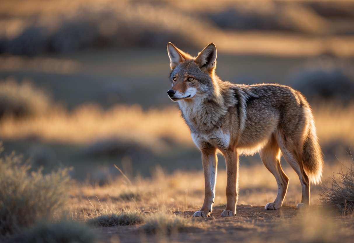 A lone coyote standing alert in a grassy natural landscape during sunset.